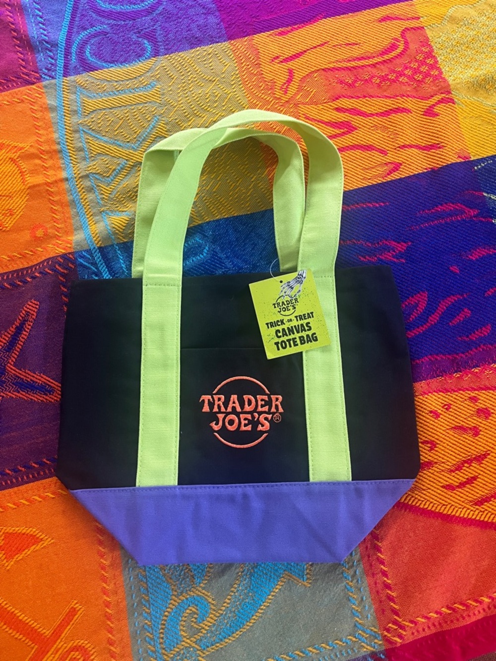Trader Joe's Black Canvas Mini Tote Bag with Lime Handles and Purple Base